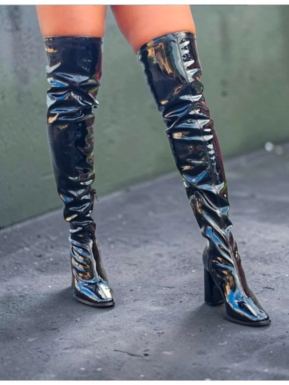 Over-The-Knee Black Patent Leather Block Heel Boots